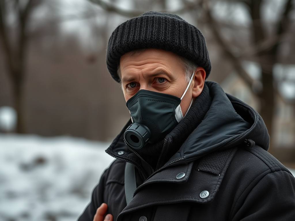 Мужчина в черной шапке и защитной маске стоит на фоне зимнего пейзажа. Снежный ландшафт вокруг.