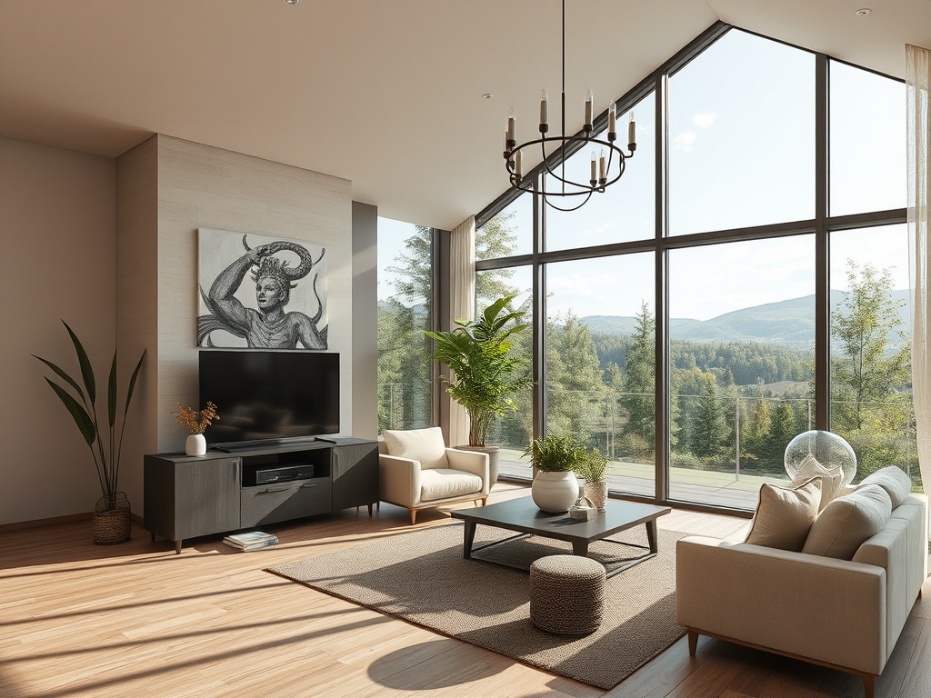 Светлая гостиная с большими окнами, уютной мебелью и видом на природу. Над телевизором висит картина.