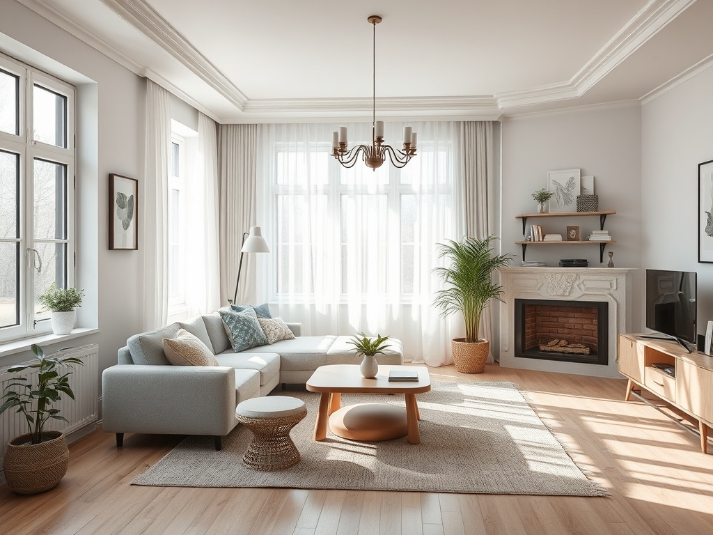 Светлая гостиная с диваном, журнальным столиком, растениями и камином. Большие окна пропускают солнечный свет.