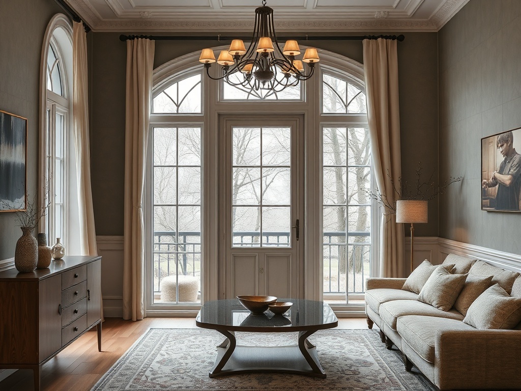 Современная гостиная с большим окном, удобным диваном и стильной мебелью. Теплые тона и уютная атмосфера.