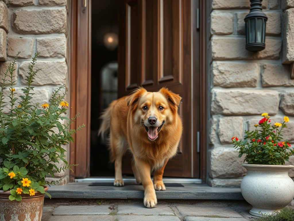 Собака выходит из дома, стоя на ступеньках, рядом с цветочными горшками. Светлый фасад дома.
