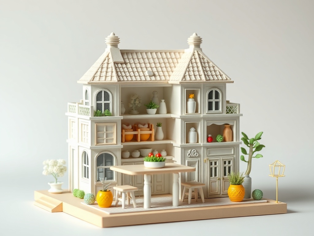 Миниатюрная модель дома с открытым интерьером, украшенная растениями и предметами декора.