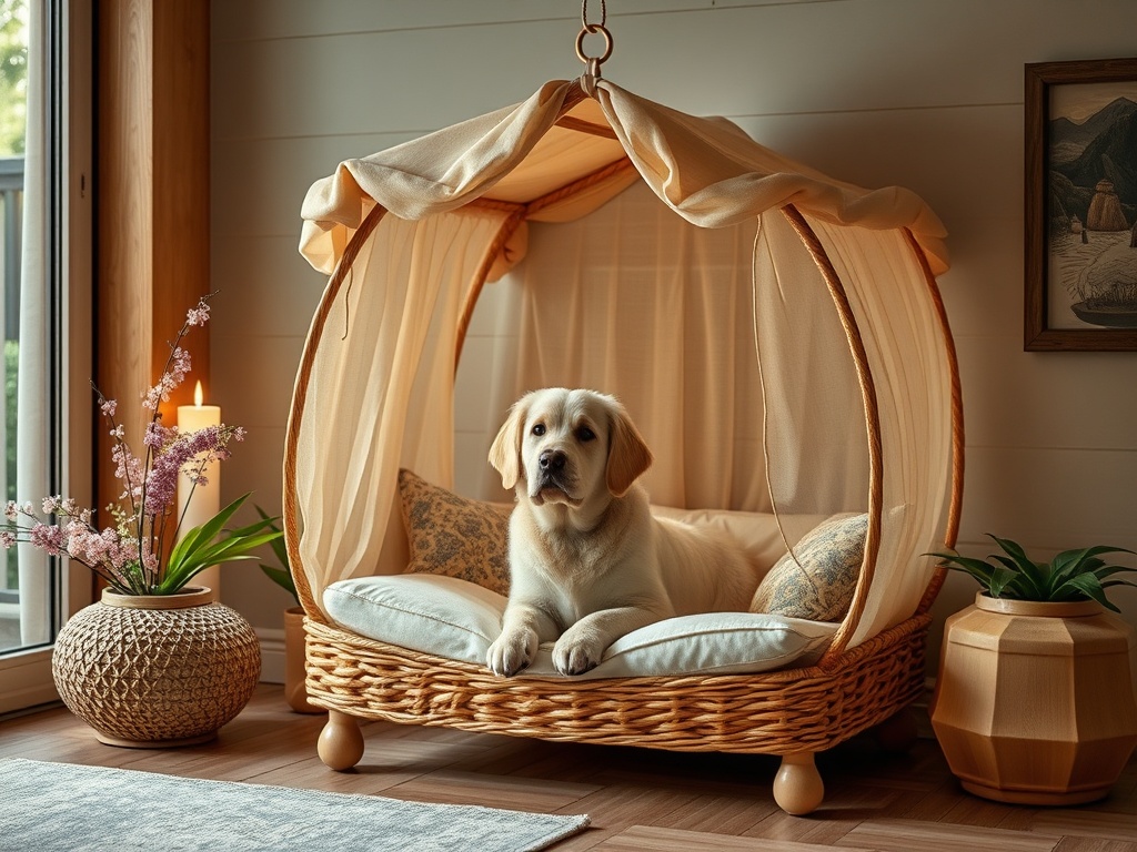 Собака в уютной корзине на подушках, окружённая растениями и свечами в светлом интерьере.
