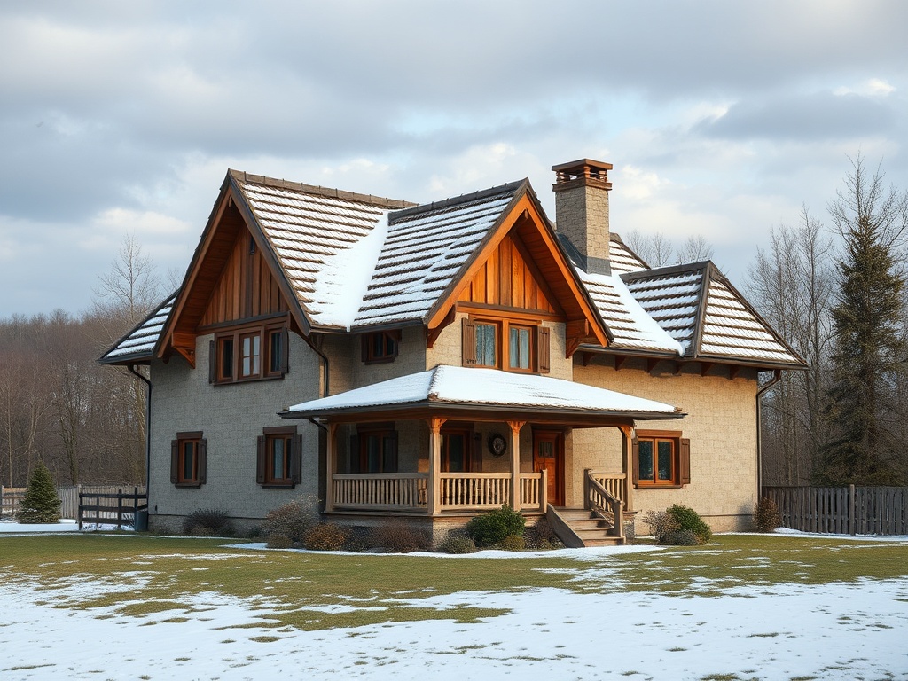Зимний вид на красивый дом с деревянными элементами и крышей, покрытой снегом. Зеленый газон окружает его.