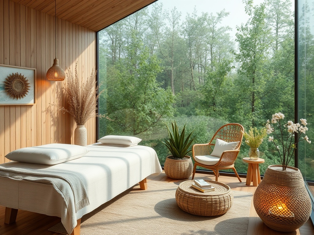 Уютная комната с деревянными стенами, мягкой мебелью и зелеными растениями, огороженная большим окном.