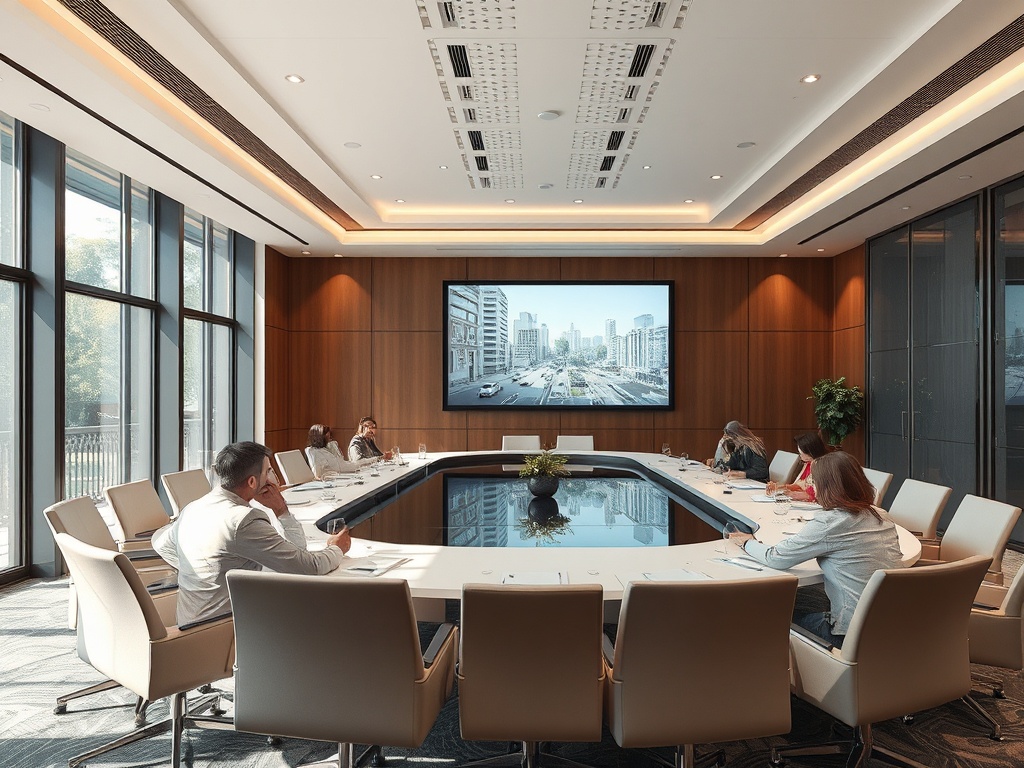 Совещание в современном конференц-зале с большой панелью и участниками за столом.