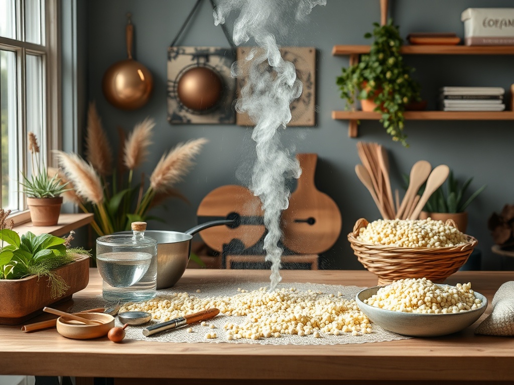 На столе расположены зерна, посуды и ингредиенты. В воздухе клубится пар, создавая уютную атмосферу.