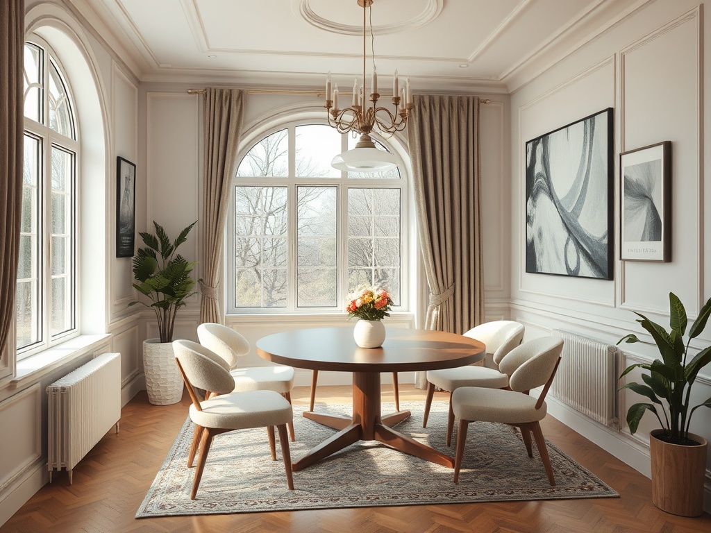 Светлая столовая с круглым столом, четырьмя стульями, цветами на столе и большими окнами.