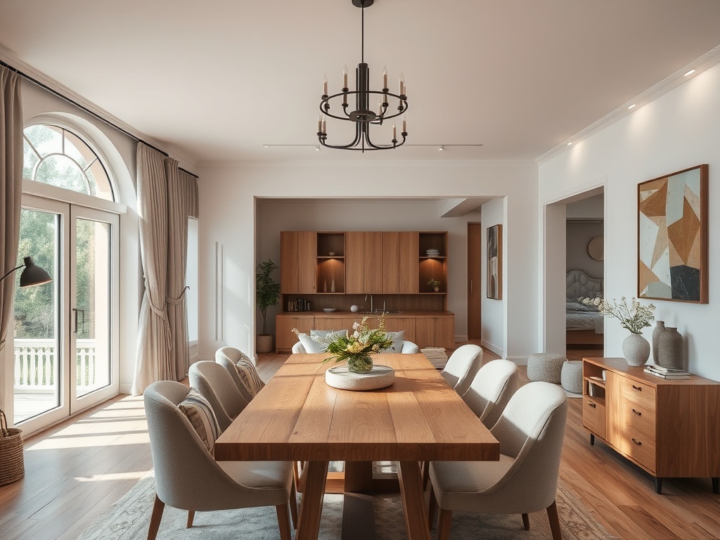 Современный интерьер dining-стол с мягкими стульями, кухонная зона и панорамные окна. Светлая, уютная атмосфера.