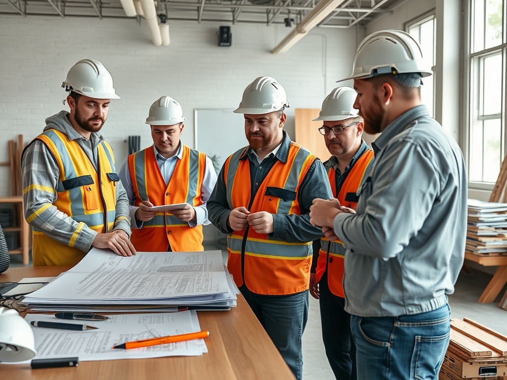 Группа инженеров в касках и жилетах обсуждает проект на столе с чертежами и документами.