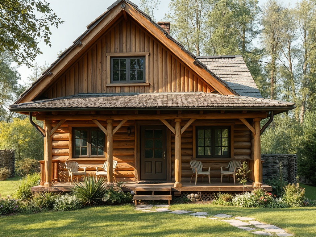 Уютный деревянный дом с верандой среди зелени и садовых цветов. Спокойная обстановка на природе.