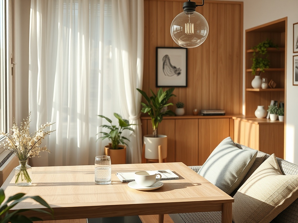 Светлая комната с деревянной мебелью, растениями и уютным столом для чашки кофе и книгами.