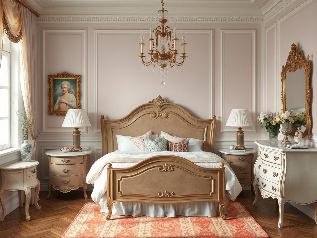Элегантная спальня с большой кроватью, люстрой, зеркалом и нежными тонами на стенах. Цветы на комоде.