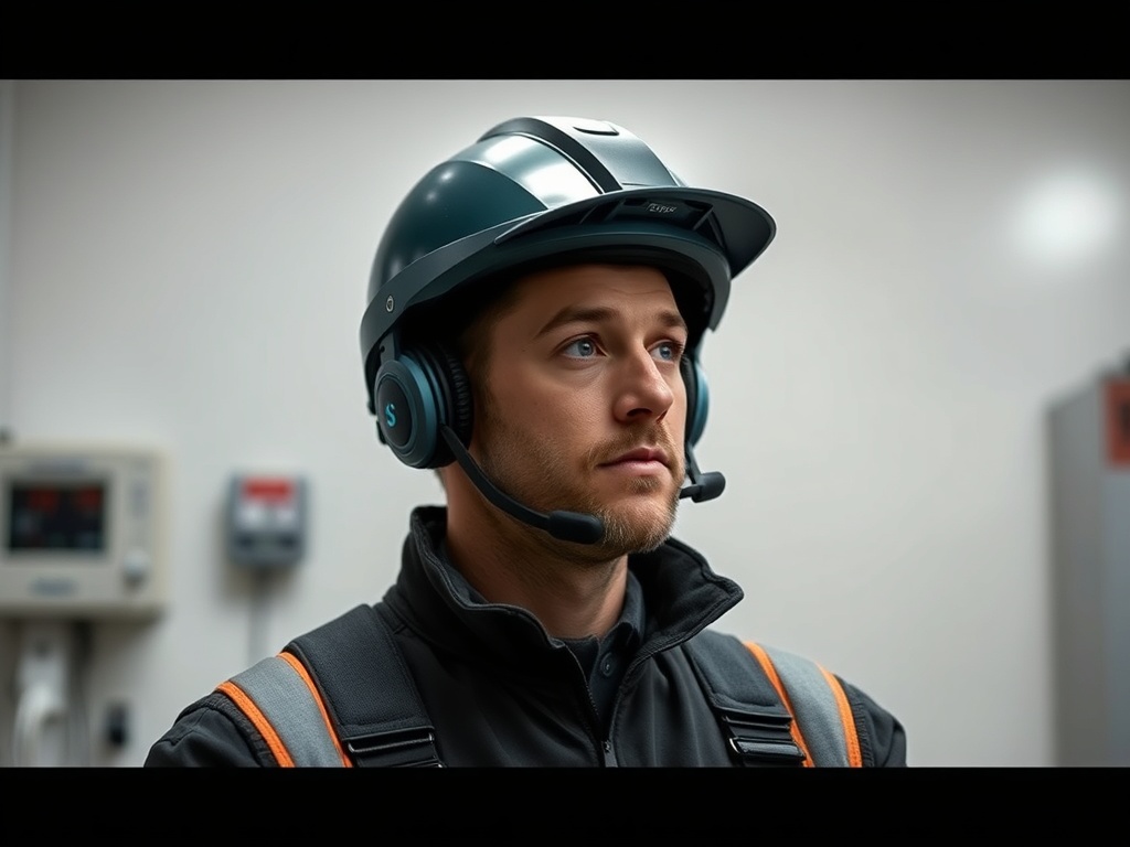 Молодой человек в защитном шлеме и наушниках, готовый к работе в промышленной среде.