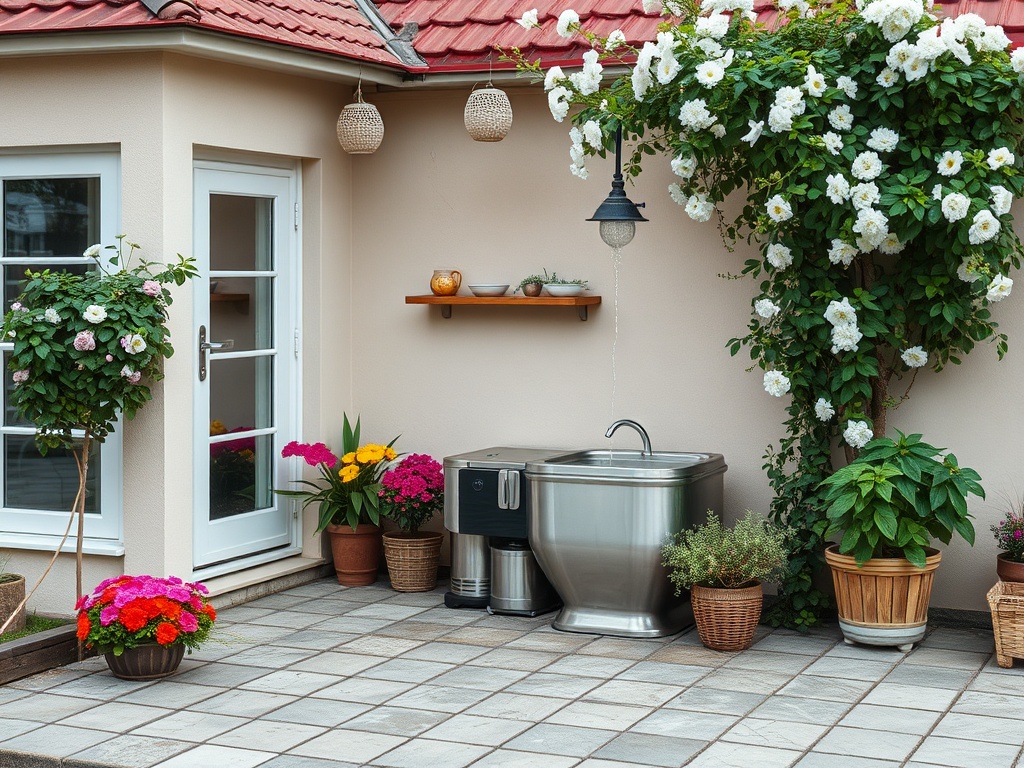Уютный уголок во дворе с раковиной, цветами и зеленью, окруженный стенами дома.
