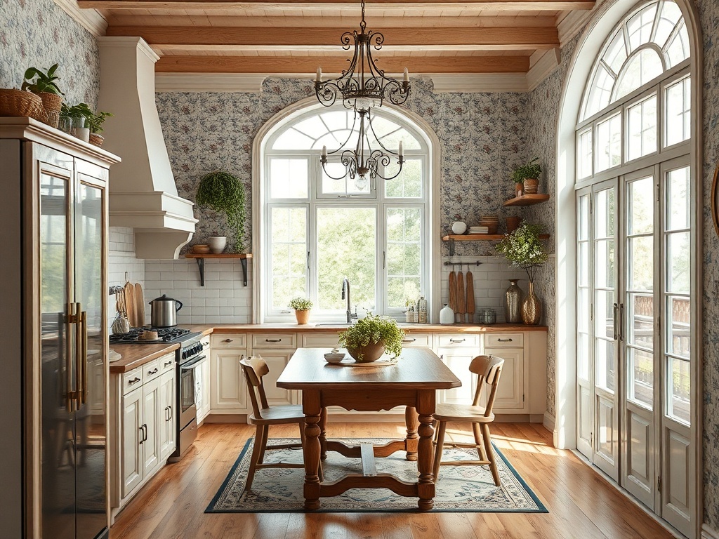 Светлая кухня с деревянным столом, окнами в пол и растениями на фоне стильных обоев и деревянных балок.