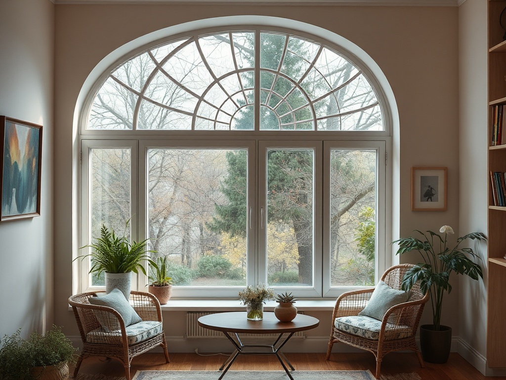 Уютная комната с большими окнами, растениями и плетеными креслами, выходящими на зеленый сад.