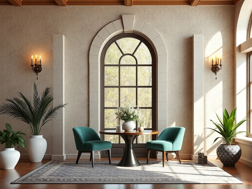 Уютный уголок с зелеными креслами, круглым столом и окнами, пропускающими солнечный свет.