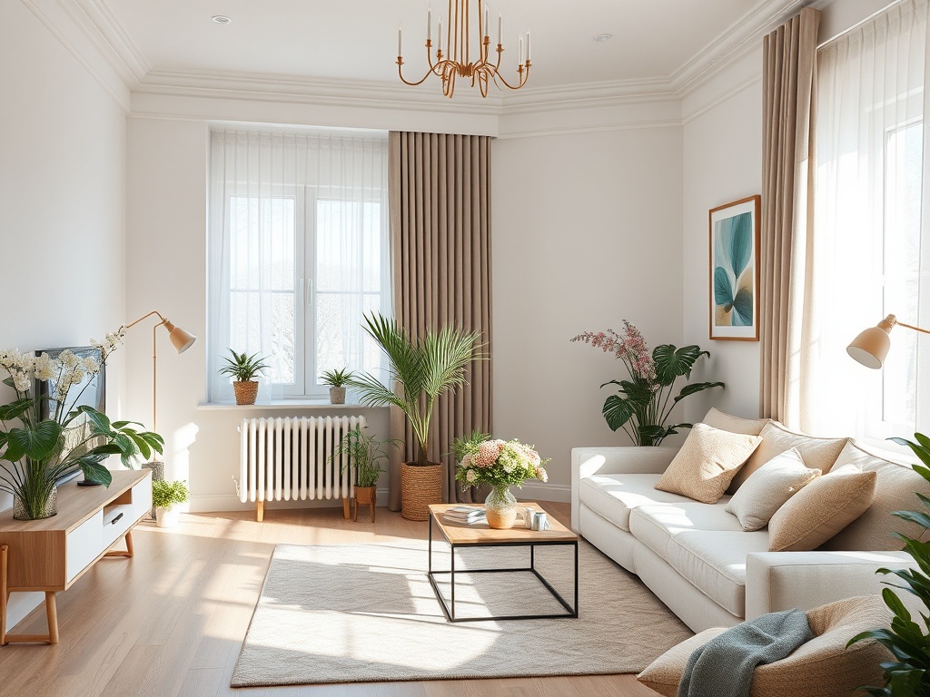 Светлая гостиная с растениями, уютным диваном и журнальным столиком, оформленная в современном стиле.