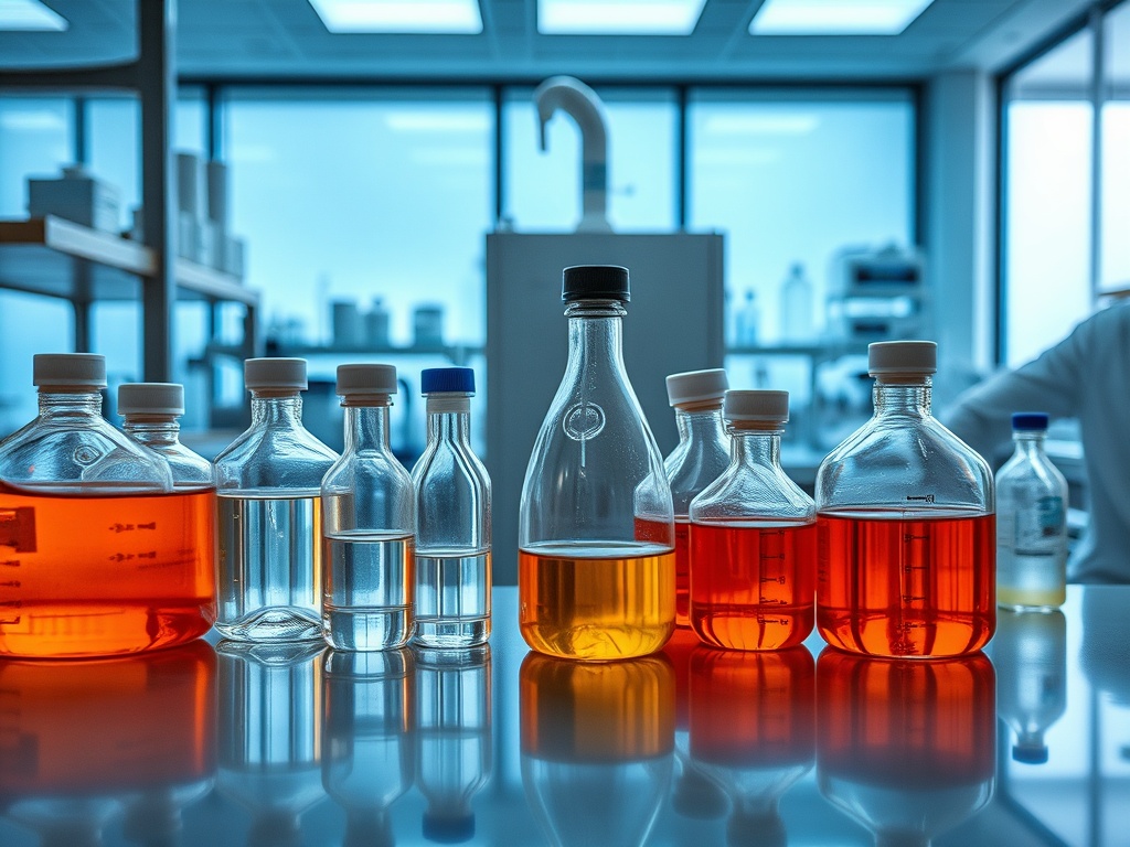 На столе в лаборатории стоят разные флаконы с жидкостями разных цветов. Обстановка современная и чистая.