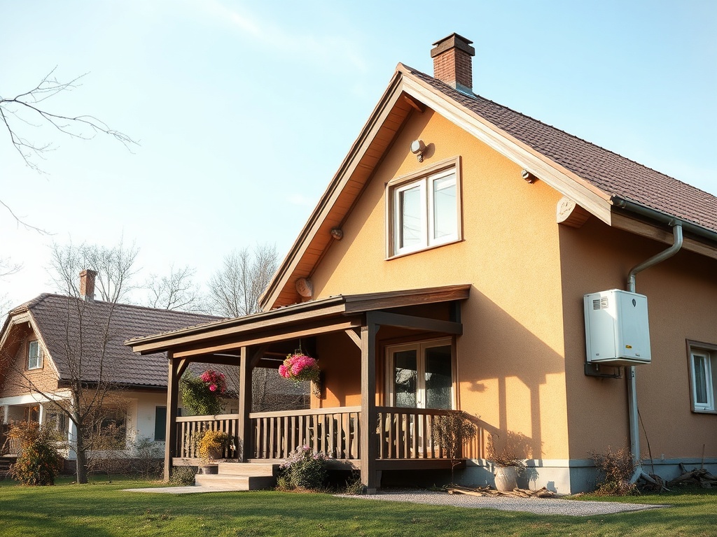 На изображении уютный загородный дом с верандой и цветами на фоне ясного неба.