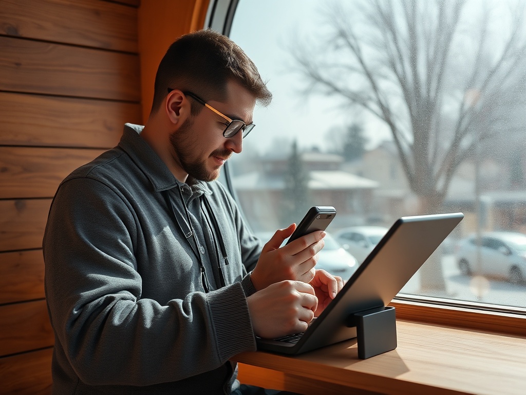 Мужчина в очках сидит у окна, используя ноутбук и телефон в уютном помещении. Внешний вид зимний.