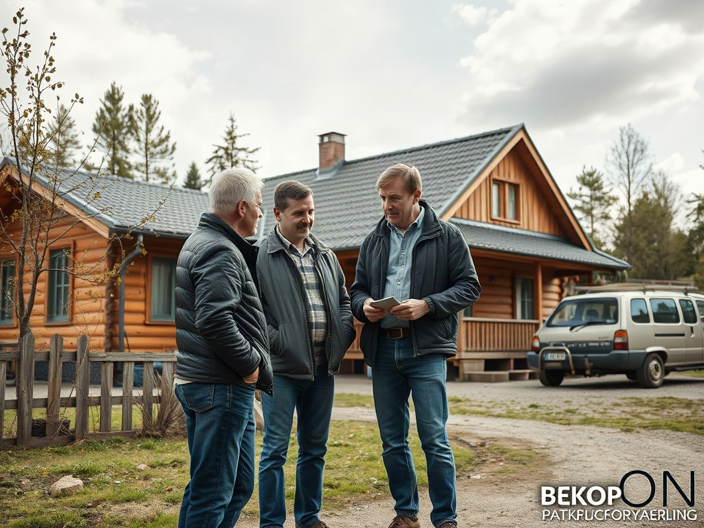 На изображении три человека беседуют у деревянного дома на фоне облачного неба.